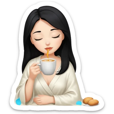 black hair girl long hair inside a white milky satin blanket sipping coffee eyes closed sticker