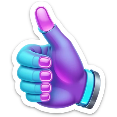 futuristic glowing thumbs up, neon purple and cyan light, dark background, digital tech style sticker
