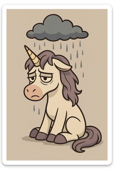 a melancholic unicorn sitting alone with a raincloud overhead, soft shading sticker