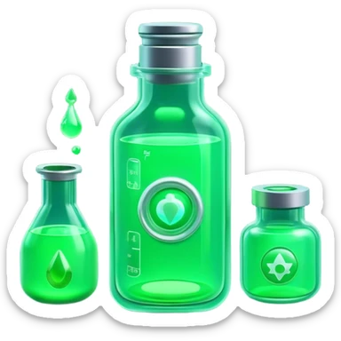 Clash of Clans aesthetic: Cinematic Playful Sci-fi green health pack Emoji, rendered in a 3D vector-style similar to standard emojis with minimal shading and bold, simplified shapes. A compact, futuristic vial with a glowing neon liquid and sleek contours, softly glowing with a healing cosmic charm. Simplified yet unmistakably iconic, highly detailed and consistent, glowing with a soft radiant glow and high shine. Stylized with a touch of futuristic alchemy and a soft glowing outline, capturing the essence of a vital energy elixir with a playful, interstellar spirit! sticker
