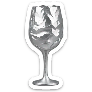 A 3D layer of A reflective, crinkled and wrinkled aluminum foil covering a wine glass shape, like a stemmed wine glass sticker