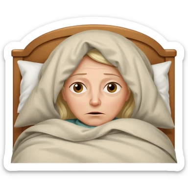 A 55-year-old woman lying in bed, unable to sleep. She looks exhausted and desperate, with visible dark circles under her eyes, tired facial expression. She is under the blankets, staring at the ceiling.  sticker