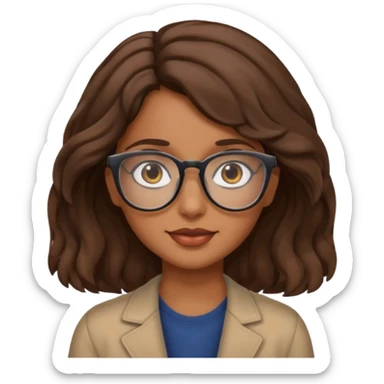 brown girl with wavy  shoulder length hair. glasses, sticker