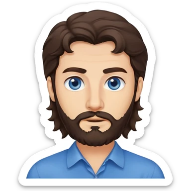 Lebanese man with one blue eye and one brown eye, dark brown longish wavy hair, light beard, closed mouth, kind expression, blue shirt sticker