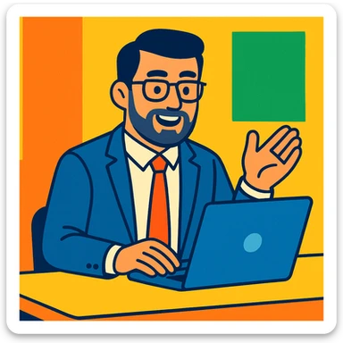 A 35-year-old male business coach sitting at a table with a laptop sticker