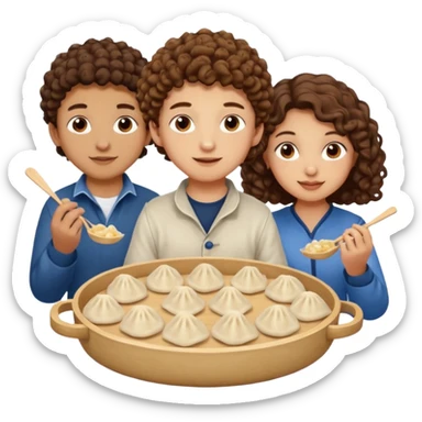 Can you create an emoji of three 23 year olds eating dumplings. One boy with brown curly hair one Jewish girl and one half Indian / half white girl.  sticker
