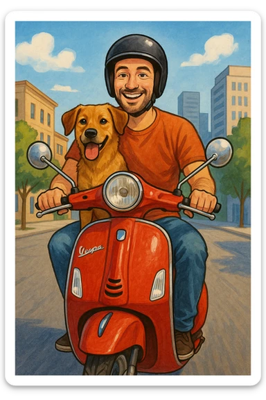 man and his pet dog riding a vespa sticker