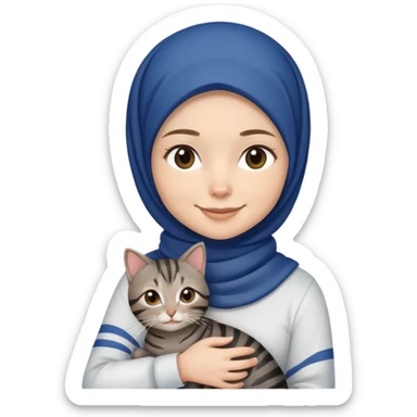 White girl wearing dark blue hijab with white shirt smiling while holding a black grey brown stripes tabby cat sticker