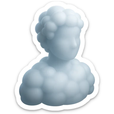 person made entirely of white fluffy convex clouds, shoulder up, front view, matte glass style sticker