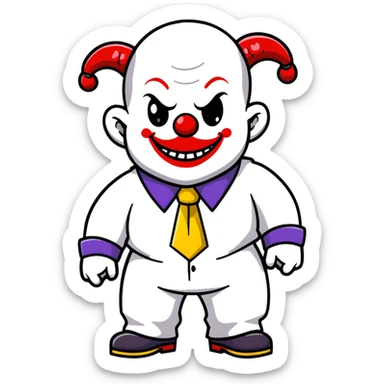 full-body demonic clown in a white leisure suit with bellbottom pants, bald, black ram horns, elevator shoes, flashy belt, ruffled shirt, colorful tie sticker