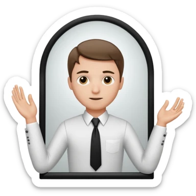 A man looking into a mirror holding his hand. He should be facing the mirror. He should be wearing a white dress shirt and a black tie. sticker