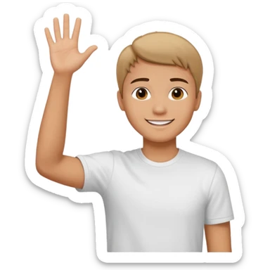 joven trigueño corte de pelo corto polera blanca sonrisa bonita saludando mano arriba sticker
