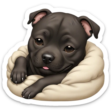 Meme-Worthy Cute Sleeping Black/Brindle Staffordshire Bull Terrier Portrait Emoji, Head resting peacefully with a contented smile, showcasing a delightfully compact build and a luxuriously soft Fur with an attractive black and brindle blend, eyes shut in a serene nap, Simplified yet hilariously adorable features, highly detailed, glowing with a soft, drowsy light, high shine, relaxed and utterly lovable, stylized with an air of playful laziness, bright and heartwarming, soft glowing outline, capturing the essence of a comically sleepy guardian, so meme-worthy it feels like it could instantly become the next viral sensation of adorable slumber! sticker