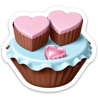 Two square milk chocolate pralines , sharp-edged glossy cubes placed diagonally side by side, each sitting in a small white fluted paper candy cup.
Flat thin pastel pink heart icing centered on top with fine sugar crystal sparkle, clean studio product lighting,  sticker