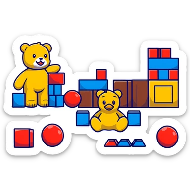 scattered children's toys on floor - teddy bear, rubber duck, blocks, ball, action figures sticker