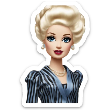 1920s Blonde Silkstone Marie Antoinette Barbie enid sinclair from academy in a blue and black vertically-striped classic dress. riding hot rod bikes with crows sticker