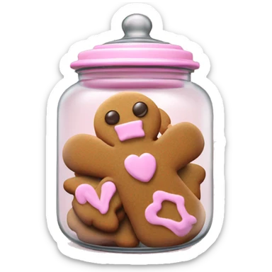 Realistic glass cookie jar with light pink lid full of gingerbread cookies isolated.  sticker