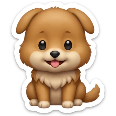 Cute small brown fluffy dog emoji icon. Round face, short muzzle, light brown fur with slightly darker ears, small black nose, happy smiling expression with tongue out. Soft friendly eyes, sitting pose with front paws together. Simple clean vector style, minimal details, kawaii style. sticker