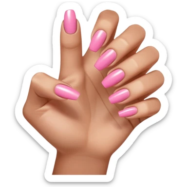  pink close-up of a hand with beautifully manicured nails, glossy pink nail polish, elegant nail shape, soft lighting and shadows, realistic style, sticker