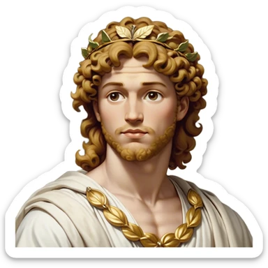 Cinematic Realistic Hercules Portrait, head tilted dramatically with an exaggeratedly amused expression, blending the fierce valor of the Hercules with the classic elegance of Michelangelo's David. His light tan skin and thick, curly, golden brown hair, rendered with meticulous classical detail, frame a face of heroic determination and playful charm. Clad in a gracefully draped white robe adorned with subtle golden embellishments and accented by a distinguished Greek laurel wreath, dynamic lighting accentuates both his formidable physical power and his approachable, spirited demeanor. sticker