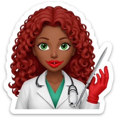 Lilith symbol sexy evil woman. She has green eyes.  had brown long curly hair.  evil surgeon kills with scalpel wears red sexy doctor coat with red mouth cover red gloves. Covers nose, neck  and mouth with Muslim red berka sticker