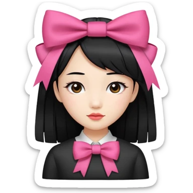 Asian girl with straight black hair and coquette bow on hair sticker