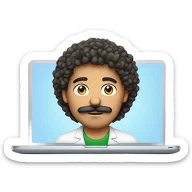 no glasses, Mexican school IT technician with apple laptop and with curly hair and mustache and beard  sticker