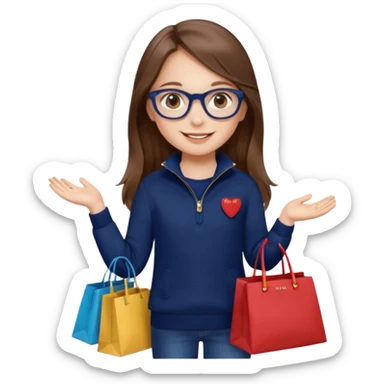 A little girl (he usually calls her baby), who is obsessed with shopping and luxury brands and holds a dozen of bags, she wears navy blue half zip sweater and holds 10 bags and she has long brown hair with Prada eyeglasses. The previous one but with eyeglasses  sticker