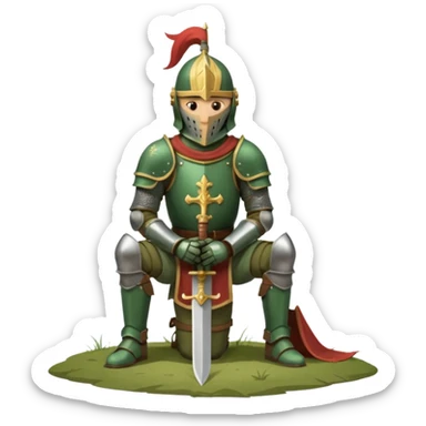 A lone medieval knight in a green worn armor kneels. His helmet is closed, hiding his face, conveying silence, exhaustion and contemplation. A long sword is planted in the ground beside him, its hilt resting near his gloved hands as if he is praying or resting after battle. sticker