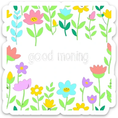 Spring flowers in garden with morning sun with inscription Good morning  sticker