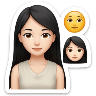 A young woman with long, straight and black hair, split in the center. She has brown eyes, natural makeup and a calm smile. He's wearing a white sleeveless blouse and is in front of him. sticker