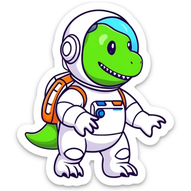 cartoon sticker of a t-rex astronaut waving, stars in background sticker