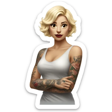 Blonde elegant women, her Body Covered with Tattoos, POINTING to YOU FORWARD with her ONE HAND , Hyper realistic sticker