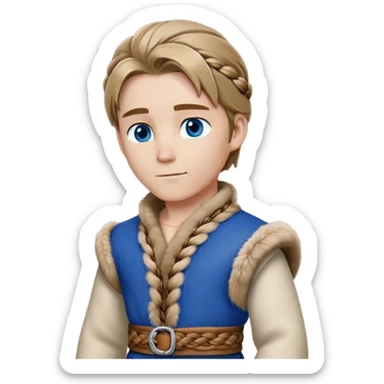 Medieval winter outfit worn by a DnD themed fantasy male character. Double-thick russet wool tunic with mink fur trim, featuring carved wooden toggles and a wide braided leather belt. Clothes only above the waist, full waist coverage. The character has no arms. Character is white-skinned with dark blonde hair, sapphire blue eyes, and medium-length straight hair touched by winter frost. sticker