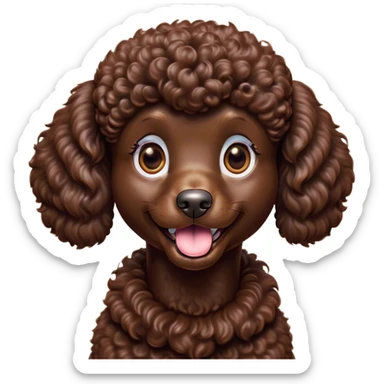 Cinematic Comical Chocolate Poodle Portrait Emoji, Head tilted dramatically with an exaggeratedly amused expression, featuring a glossy, curly chocolate Fur with a bouncy texture, wide, expressive brown eyes filled with playful disbelief, Simplified yet hilariously expressive features, highly detailed, glowing with a slightly sassy glow, high shine, dramatic yet playful, stylized with an air of cheeky mischief, bright and endearing, soft glowing outline, capturing the essence of a spirited and over-the-top companion, so meme-worthy it feels like it could side-eye its way into internet fame instantly! sticker