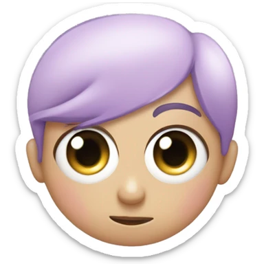 light purple/pink emoji, big cartoony eyes with scribbly pupils, one eye bigger than the other, and a black baby hair sticker