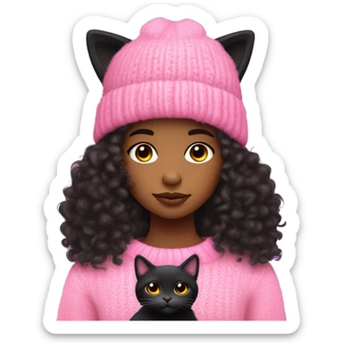 A black light skinned teenager girl with Long curly hair wearing a pink knit sweater and pink hat. The girl is holding a black fluffy cat sticker