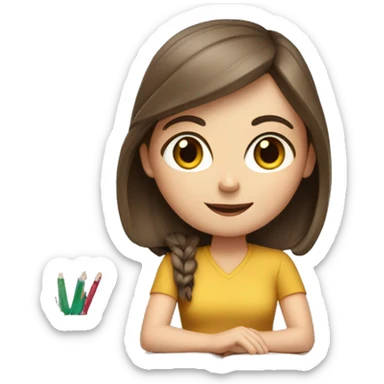 white girl studying at a white desk, brown hair, blue eyes, computer sticker