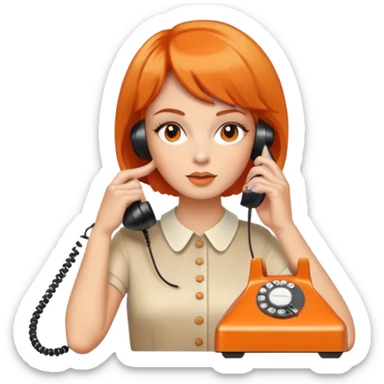 upper body of a woman with short orange hair talking on a white 70s phone sticker