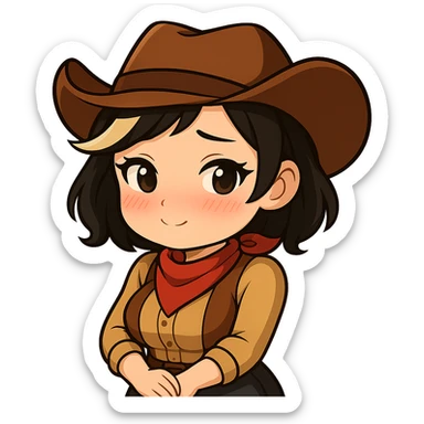 Chibi cowgirl with short hair and a blonde streak, wearing a cowboy hat and western outfit, no guns. Pose: hands clasped in front, shy, blushing, and cute-sexy expression, more feminine curves. Chibi/anime style, transparent background, sized for Twitch or Discord use. sticker