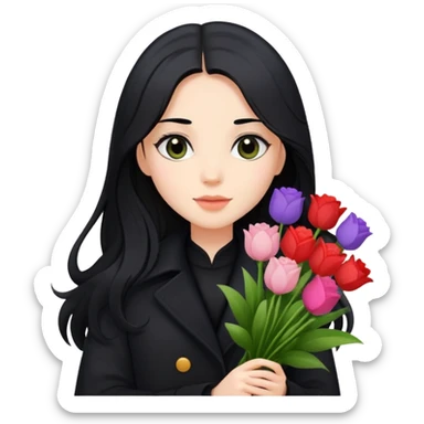 beautiful girl with long black hair wearing a black coat holding a bouquet of flowers sticker