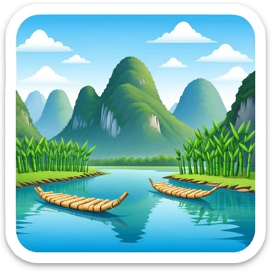 Yangshuo karst peaks with bamboo raft on river Guilin, simplified emoji style with bold outlines and bright colors, cartoon style mountains with clear blue sky sticker