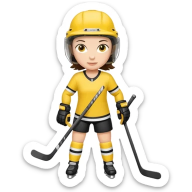 Girl hockey player with yellow jersey full body brunette with helmet sticker