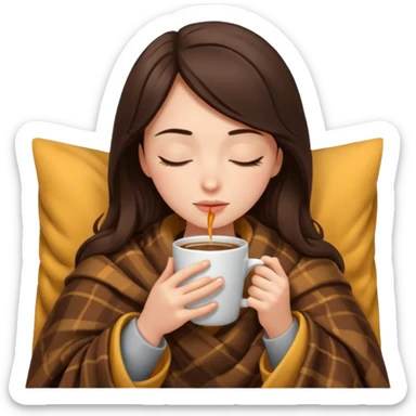 Brunette girl inside a blanket sipping coffee eyes closed sticker