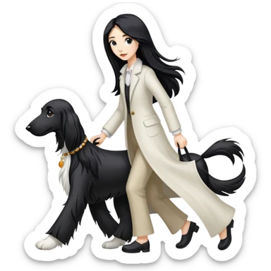 A girl with long black hair walks a black and white Afghan hound sticker