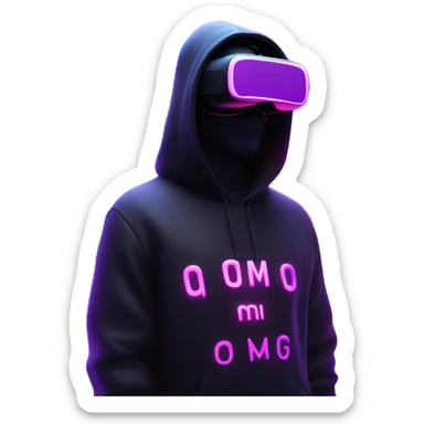 Donald Trump wearing a black hoodie with "OMG" letters on it and VR headset oculus quest 2 in a cyberpunk VR environment with violet neon lighting. sticker