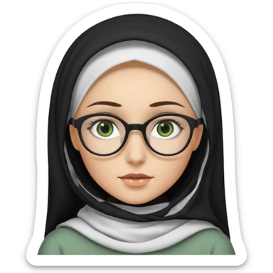 White hijabi girl with black eyes and black long hair white girl and black eyes wearing glasses and a white skin girl with curly honey hair and green eyes sticker