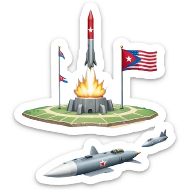 Cuba during the Cold War with Cuban island in the center, US and USSR flags on either side, missiles, tense atmosphere sticker