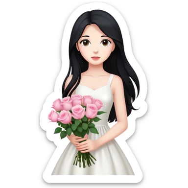 A beautiful girl with long black hair and a white dress is holding a bouquet of pink roses sticker