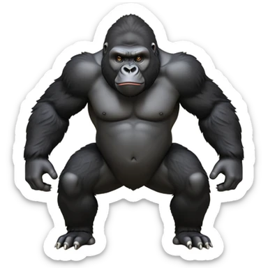 cinematic-friendly gorilla-realistic-full-body-crouched on all fours-emoji,-broad-and-powerful-frame-poised-with-confidence,-massive-arms-hanging-slightly-forward,-head-tilted-thoughtfully,-thick-black-fur,-deep-dark-eyes-full-of-intelligence,-simplified-yet-realistic sticker